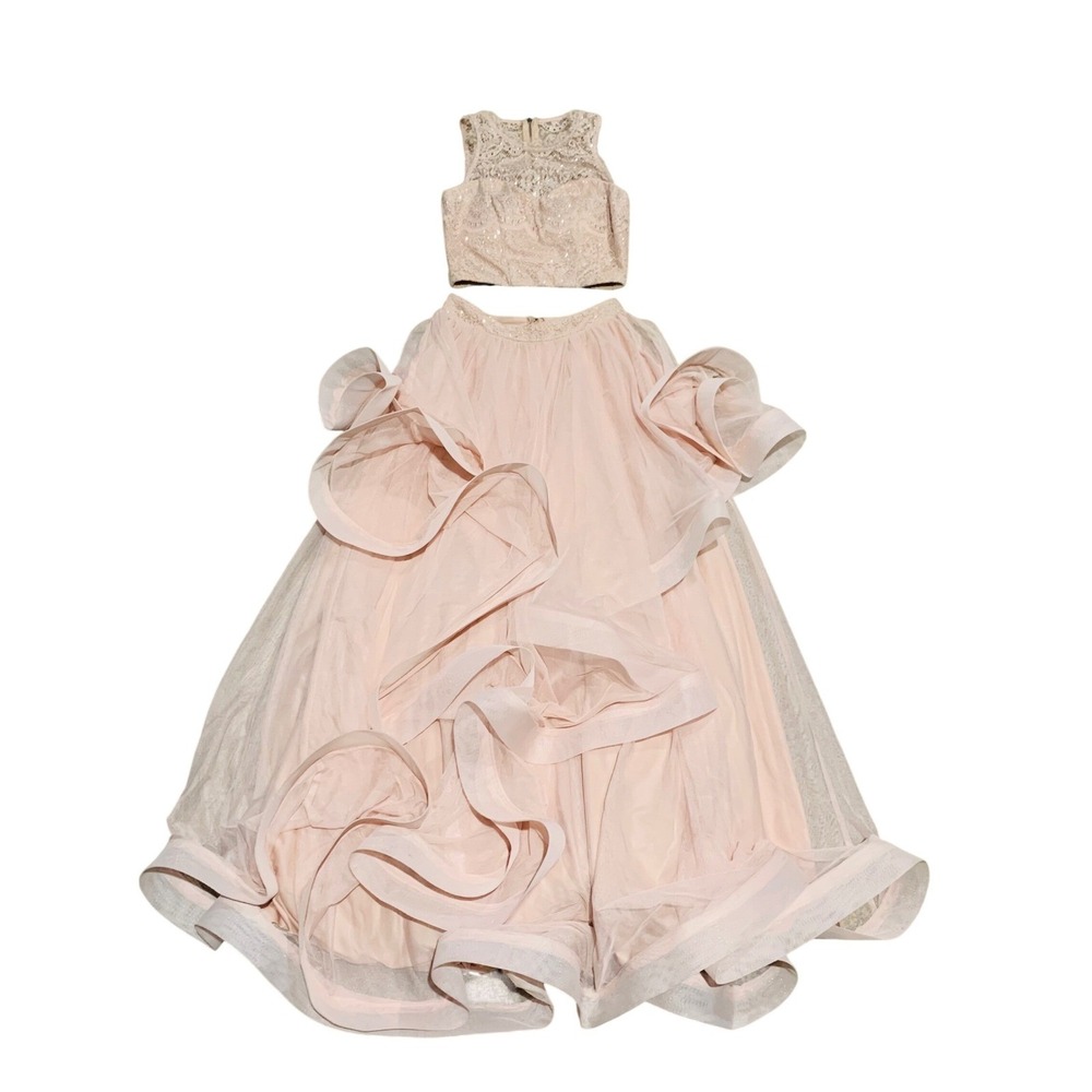 XS Blush Pink Lace Crop Top Tiered Tulle‎ Maxi Skirt Two Piece Set Formal Dress - Picture 2 of 12